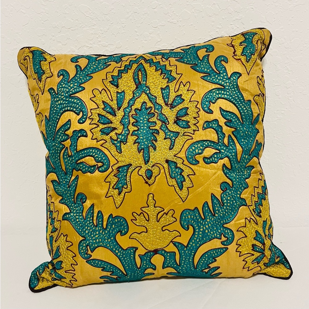 Vintage Embroidered Pillow Blue Yellow Gold